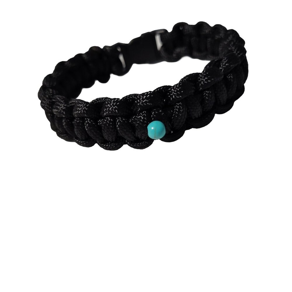 Paracord Bracelet Size 10" Cobra design, blk single turquoise bead -New Handmade